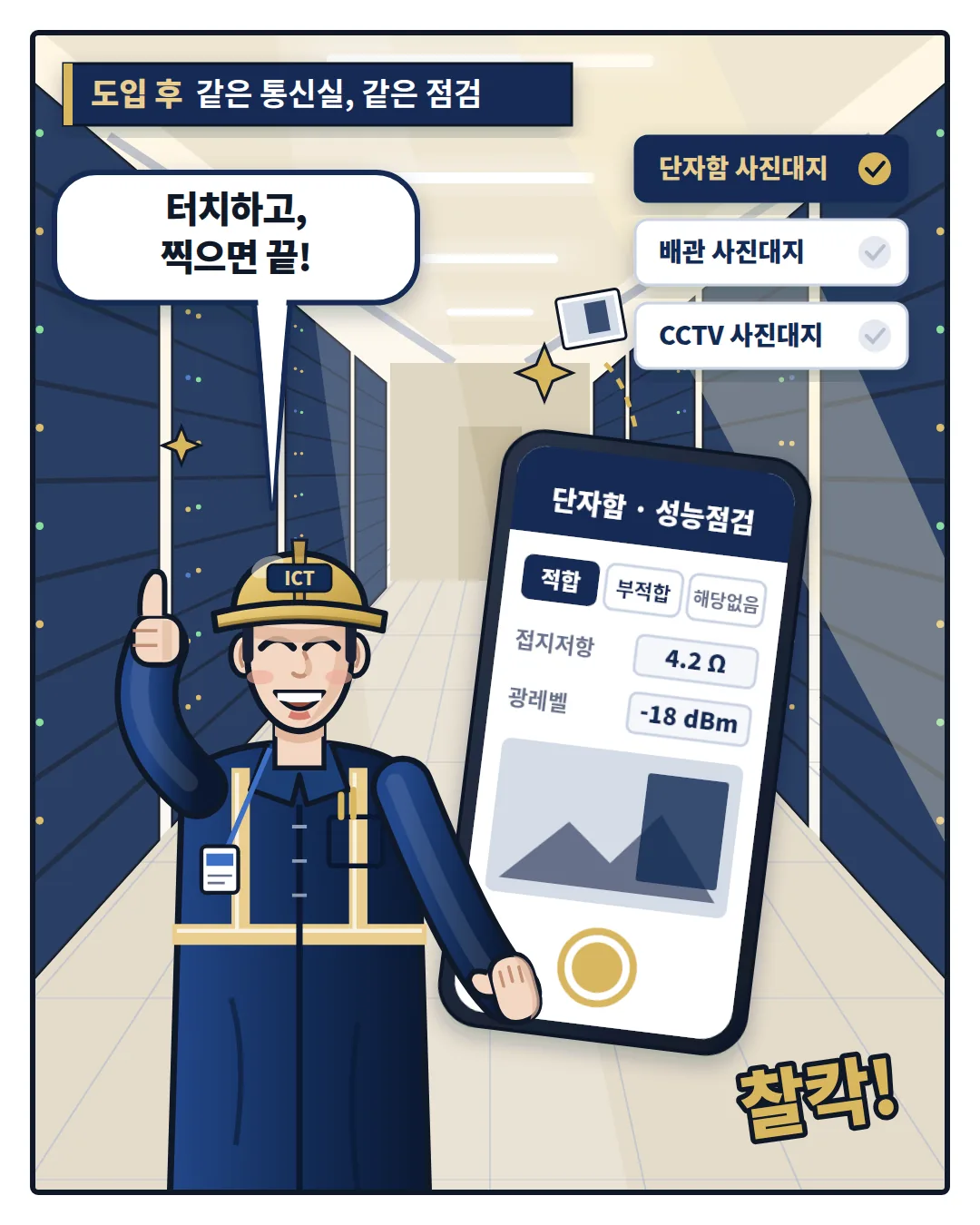 휴대폰으로 판정과 수치를 입력하고 사진이 설비별로 자동 정리되는 장면